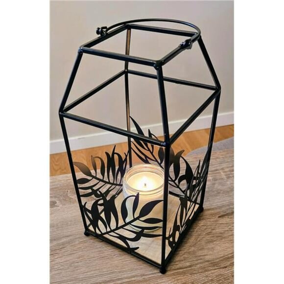 Black Metal Candle Lantern Indoor Outdoor Leaf Design Decorative Centerpiece - Picture 3 of 6